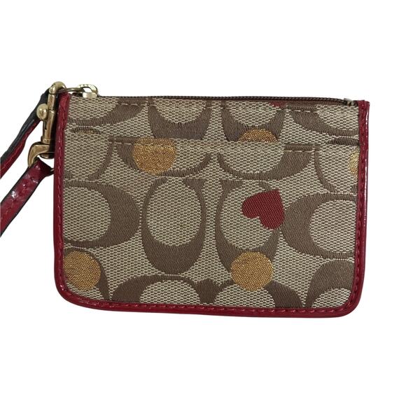 COACH! ADORABLE TAN MONOGRAM W/GOLD DOTS & HEART, RED LEATHER WRISTLET, WALLET! - Picture 2 of 11